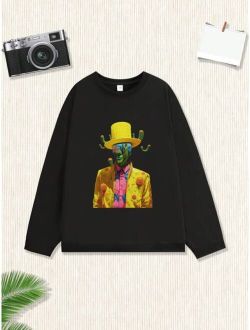 Boys Cool Printed Round Neck Sweatshirt Casual Street Style For Autumn And Winter