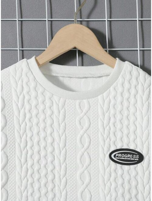 Tween Boy Letter Patched Detail Cable Knit Drop Shoulder Sweatshirt