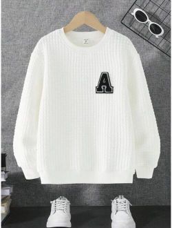 SHEIN Kids EVRYDAY Tween Boys Casual Drop shoulder Sports Sweatshirt With Letter Applique Detail For Autumn And Winter