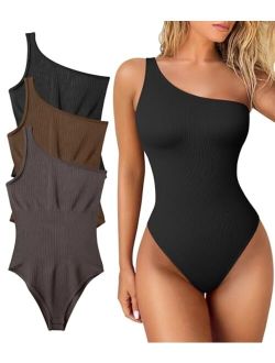 Women's 3 Piece Bodysuits Sexy Ribbed One Shoulder Sleeveless Exercise Bodysuits