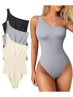 Women's 3 Piece Bodysuits Sexy Ribbed One Shoulder Sleeveless Exercise Bodysuits