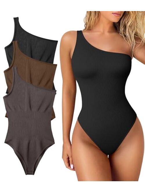 OQQ Women's 3 Piece Bodysuits Sexy Ribbed One Shoulder Sleeveless Exercise Bodysuits