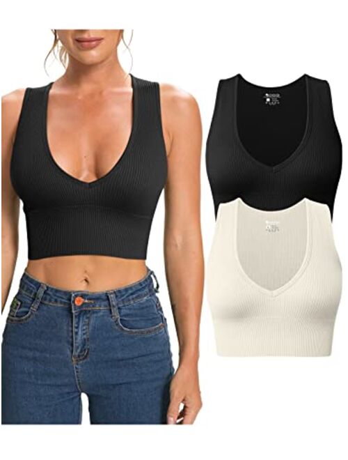 OQQ Women's 2 Piece Tank Tops Ribbed Sleeveless Sexy Deep V Neck Removable Cups Yoga Crop Tops
