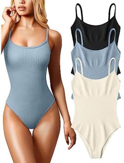 Women's 3 Piece Bodysuits Sexy Ribbed Sleeveless Adjustable Spaghetti Strip Tops Shapewear Bodysuits