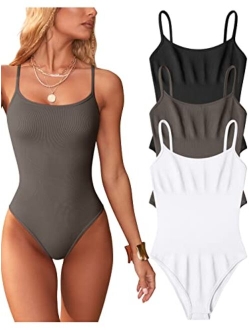 Women's 3 Piece Bodysuits Sexy Ribbed Sleeveless Adjustable Spaghetti Strip Tops Shapewear Bodysuits
