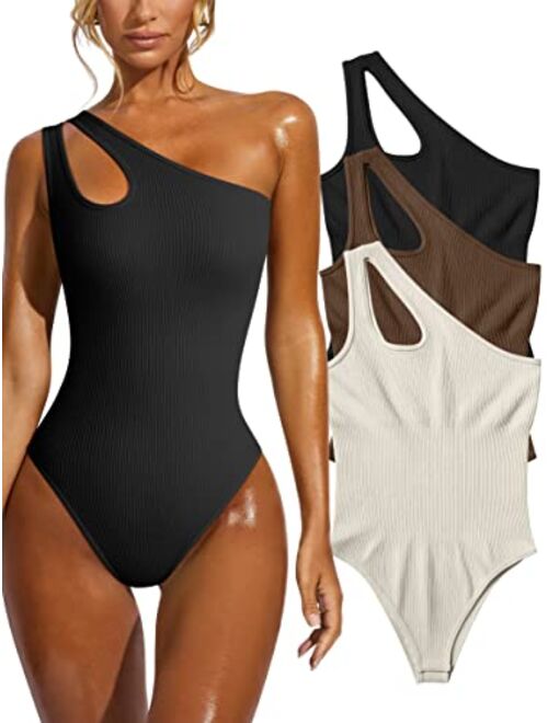 OQQ Women's 3 Piece Bodysuits Sexy Ribbed Sleeveless One Shoulder Tank Tops Exercise Bodysuits