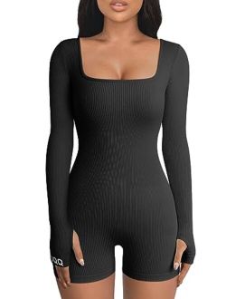 Womens Yoga Rompers Workout Ribbed Long Sleeve Square Neck Sport Jumpsuits Rompers