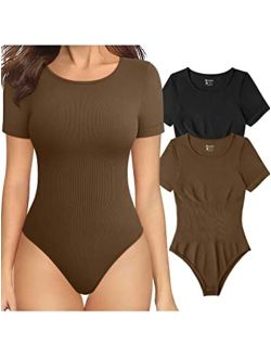 Women's 2 Piece Bodysuits Sexy Ribbed One Piece Short Sleeve Tops Bodysuits