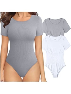 Women's 2 Piece Bodysuits Sexy Ribbed One Piece Short Sleeve Tops Bodysuits