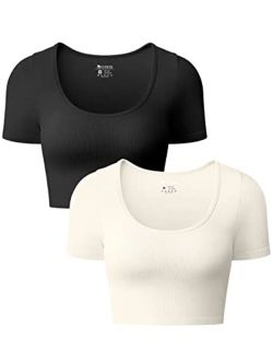 Women's 2 Piece Crop Tops Sexy Ribbed Seamless Short Sleeve Shirts Scoop Neck Top