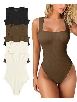 Women's 3 Piece Bodysuits Sexy Ribbed Strappy Square Neck Sleeveless Tummy Control Tank Tops Bodysuits