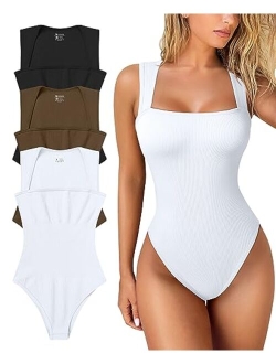 Women's 3 Piece Bodysuits Sexy Ribbed Strappy Square Neck Sleeveless Tummy Control Tank Tops Bodysuits