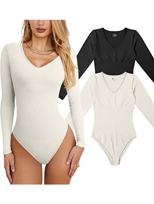 OQQ Women's 2 Piece Bodysuits Sexy Ribbed T Shirt One Piece V Neck Long Sleeve Bodysuits