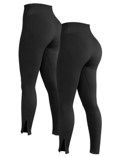 OQQ Women 2 Piece Leggings Workout Tights Tummy Control Ribbed Gym Exercise Girl Yoga Pants