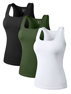 Women's 3 Piece Tops Square Neck Stretch Fitted Layer Tee Shirts Sleeveless Tank Tops