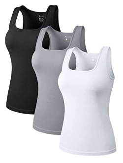 Women's 3 Piece Tops Square Neck Stretch Fitted Layer Tee Shirts Sleeveless Tank Tops