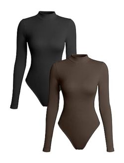 Women's 2 Piece Bodysuits Sexy Ribbed Turtle Neck Long Sleeve Tops Bodysuits