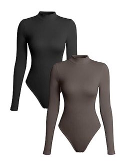 Women's 2 Piece Bodysuits Sexy Ribbed Turtle Neck Long Sleeve Tops Bodysuits
