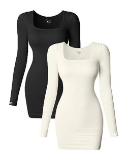 Women's 2 Piece Dresses Sexy Ribbed Long Sleeve Square Neck Tops Mini Dress
