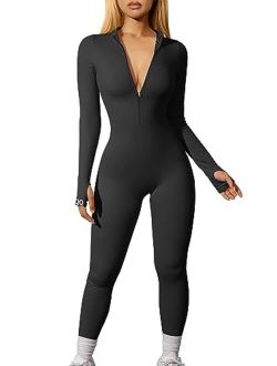 Women Yoga Jumpsuits Workout Ribbed Long Sleeve Zip Front Sport Jumpsuits