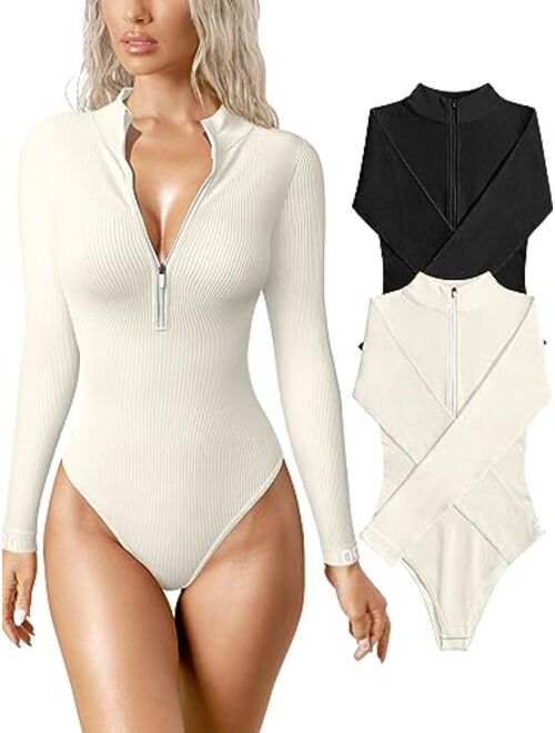 OQQ Women's 2 Piece Bodysuits Sexy Ribbed One Piece Zip Front Long Sleeve Tops Bodysuits