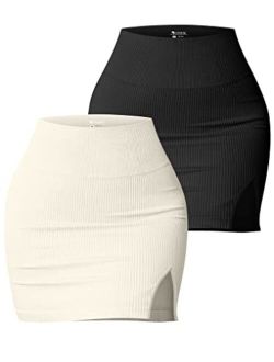 Women's 2 Piece Skirts Basic Casual Versatile Stretchy Ribbed Split High Waist Mini Skirt