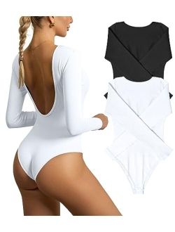 Women's 2 Piece Bodysuits Sexy Backless Round Neck Long Sleeve Ribbed Tops Bodysuits
