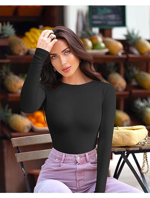 OQQ Women's 2 Piece Bodysuits Sexy Backless Round Neck Long Sleeve Ribbed Tops Bodysuits