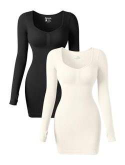 Women's 2 Piece Dresses Sexy Ribbed Long Sleeve Heart Neckline Tops Tummy Control Mini Dress