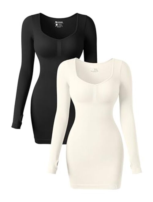 OQQ Women's 2 Piece Dresses Sexy Ribbed Long Sleeve Heart Neckline Tops Tummy Control Mini Dress