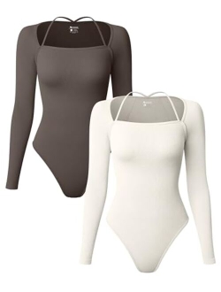 Women's 2 Piece Bodysuits Sexy Ribbed One Piece Long Sleeve Tops Bodysuits