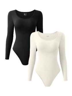 Women's 2 Piece Bodysuits Sexy Ribbed One Piece Long Sleeve Crew Neck Tops Bodysuits
