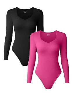 Women's 2 Piece Bodysuits Sexy Ribbed One Piece Long Sleeve Sweetheart V Neck Tops Bodysuits