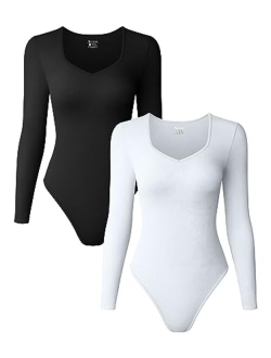 Women's 2 Piece Bodysuits Sexy Ribbed One Piece Long Sleeve Sweetheart V Neck Tops Bodysuits