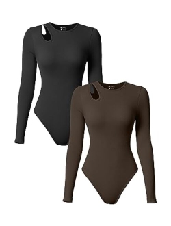 Women's 2 Piece Bodysuits Sexy Ribbed Round Neck Long Sleeve Shoulder Hollowed Out Tops Bodysuits