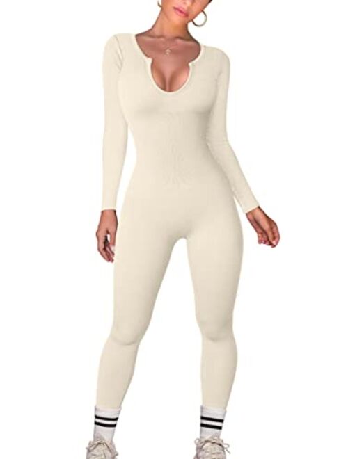 OQQ Women Yoga Jumpsuits Workout Ribbed One Piece Long Sleeve Exercise Sport Jumpsuits