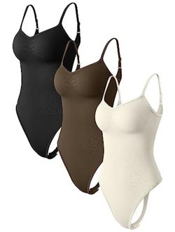 Women's 3 Piece Bodysuits Sexy Ribbed Adjustable Spaghetti Strips Sleeveless Shapewear Tops Thongs Bodysuits