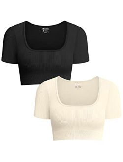 Women's 2 Piece Crop Top Ribbed Seamless Workout Exercise Short Sleeve Square Neck Crop Tops