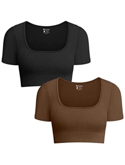 Women's 2 Piece Crop Top Ribbed Seamless Workout Exercise Short Sleeve Square Neck Crop Tops