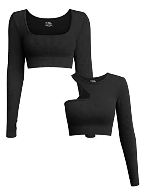 OQQ Women's 2 Piece Crop Top Ribbed Seamless Workout Exercise Yoga Basic Long Sleeve Crop Tops