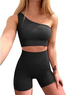 Workout Outfits for Women 2 Piece Ribbed One Shoulder High Waist Shorts With Sports Bra Exercise Set
