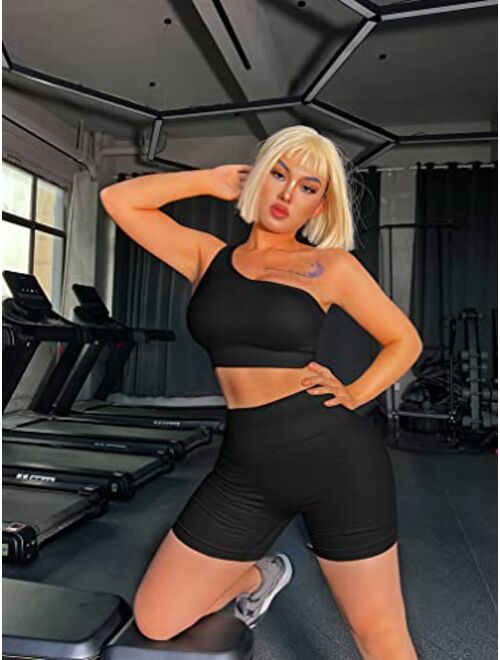 OQQ Workout Outfits for Women 2 Piece Ribbed One Shoulder High Waist Shorts With Sports Bra Exercise Set
