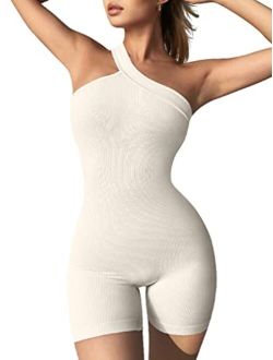 Women's Yoga Rompers Ribbed One Piece Tummy Control Jumpsuit One Shoulder Romper