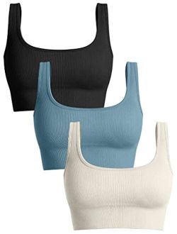 Women's 3 Piece Medium Support Tank Top Ribbed Seamless Removable Cups Workout Exercise Sport Bra