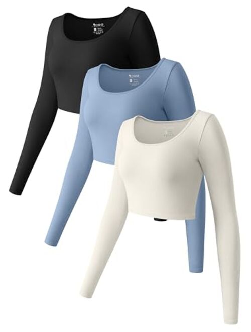 OQQ Women's 3 Piece Crop Tops Long Sleeve Round Neck Stretch Fitted Underscrubs Shirts Crop Tops