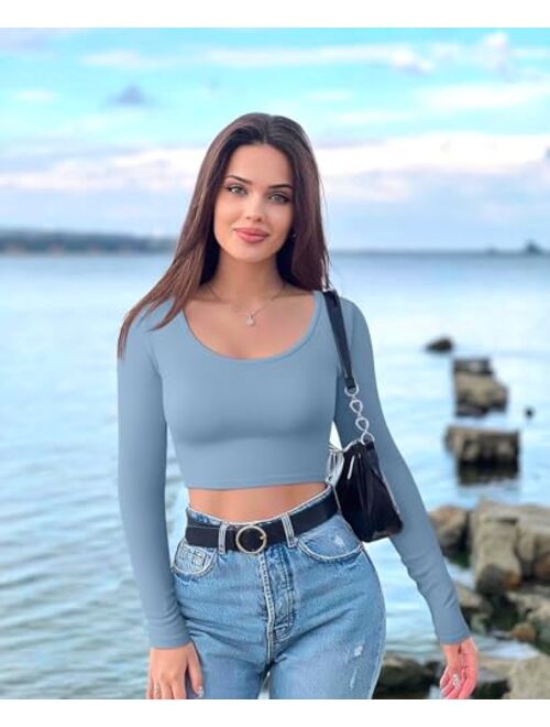 OQQ Women's 3 Piece Crop Tops Long Sleeve Round Neck Stretch Fitted Underscrubs Shirts Crop Tops