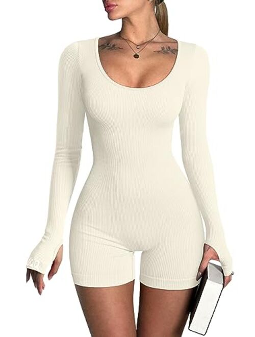 OQQ Women Yoga Rompers Ribbed Workout Long Sleeve Round Neck Exercise Jumpsuits Rompers