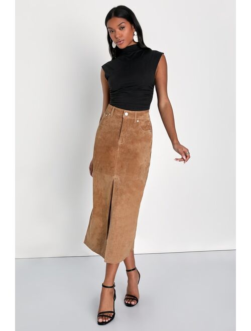 BLANKNYC Blank NYC Excellent Impulse Tan Suede Leather High-Rise Midi Skirt