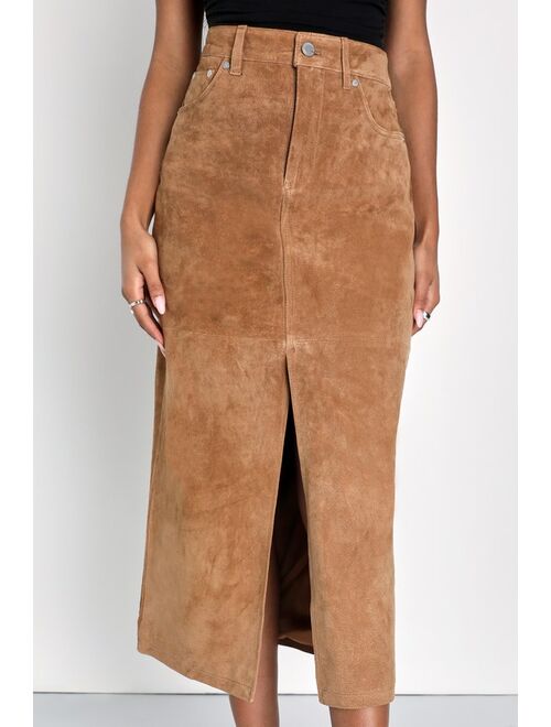 BLANKNYC Blank NYC Excellent Impulse Tan Suede Leather High-Rise Midi Skirt