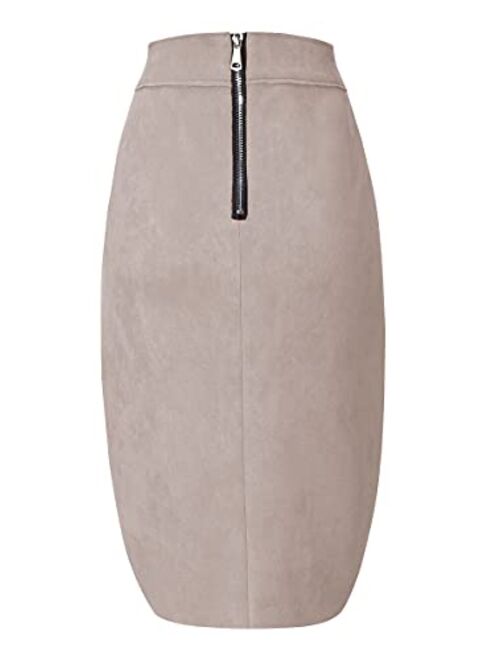 Bellivera Women's Pencil Skirt High Waist Bodycon Faux Suede Side Split Knee Length for Work Business